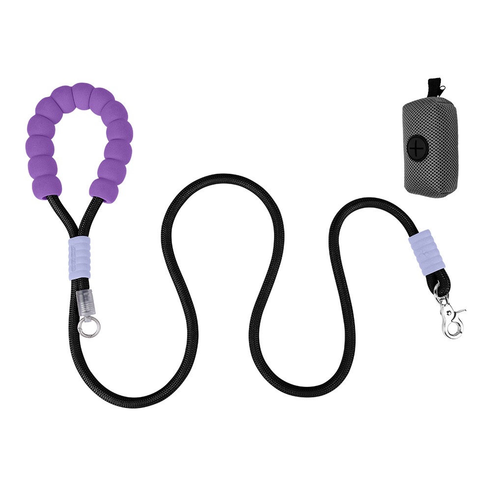 Correa para Perro Grande Agarre Suave con Bolsa Morado/Negro